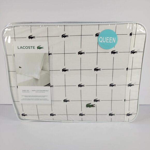 Lacoste White Black Grid 4pc QUEEN Sheets Set 100% Cotton Crocodile Anthracite - Picture 1 of 11